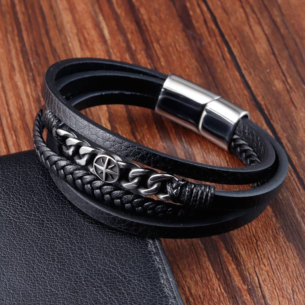 Men's Leather Braided Bracelet Silver Chain Punk Bracelet Bangle Magnetic Clasp